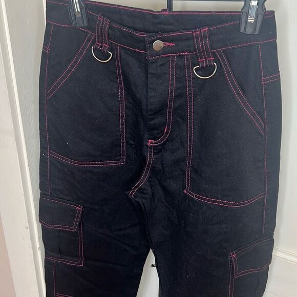 Hot Topic Daisy Street  Black & Pink Contrast Stitch Carpenter Pants Size 3/27 - Picture 3 of 8